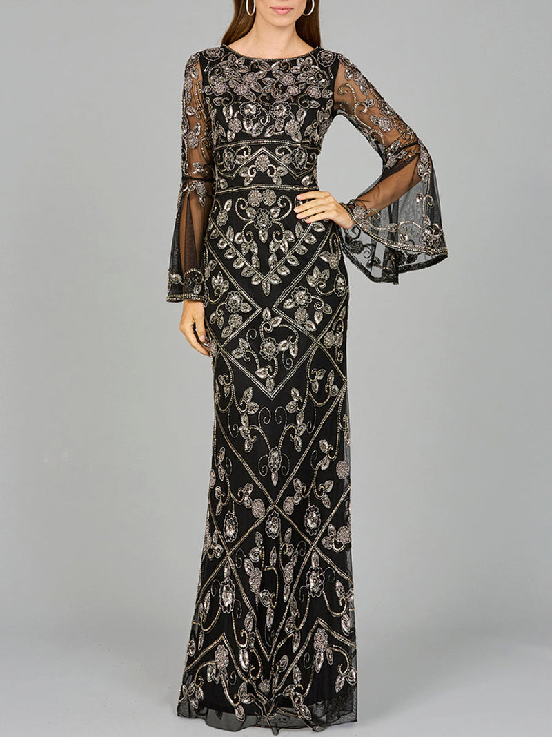 Bell Sleeved High Neck Beaded Gown