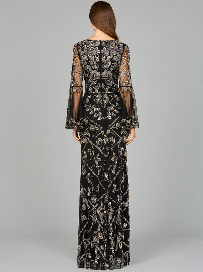 Bell Sleeved High Neck Beaded Gown
