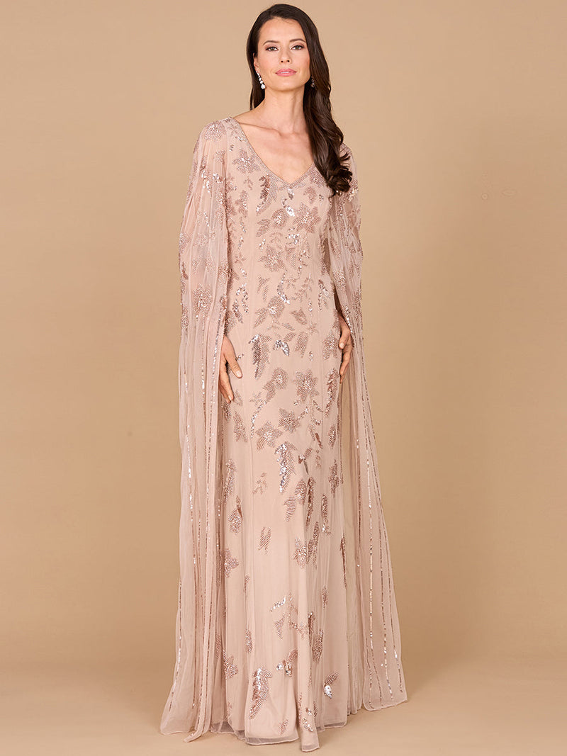 Beaded Sheath Dress with Long Cape