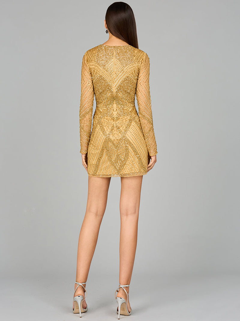 Long Sleeve Beaded Cocktail Dress