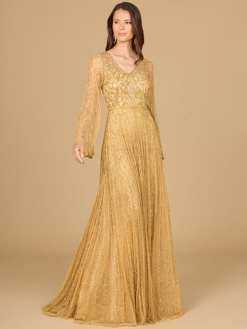 Beaded Long Dress with Flare Sleeves