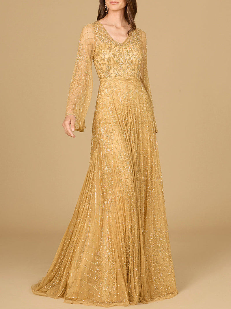Beaded Long Dress with Flare Sleeves
