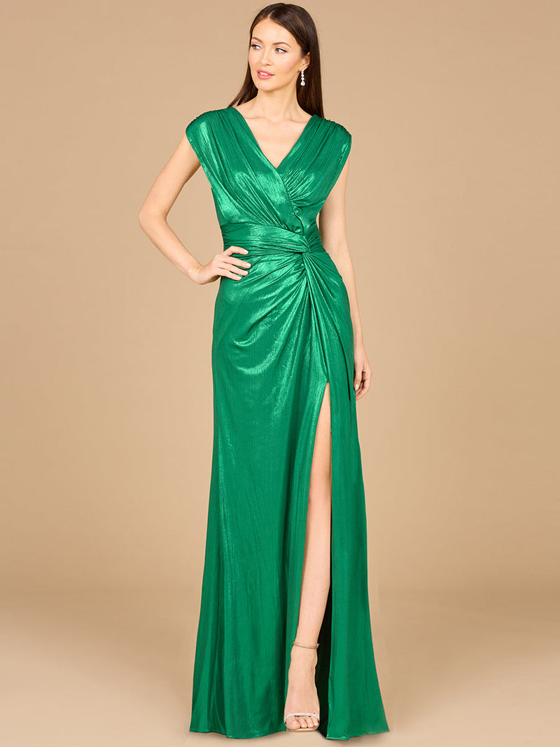 V-Neck Metallic Dress with Slit - OUTLET