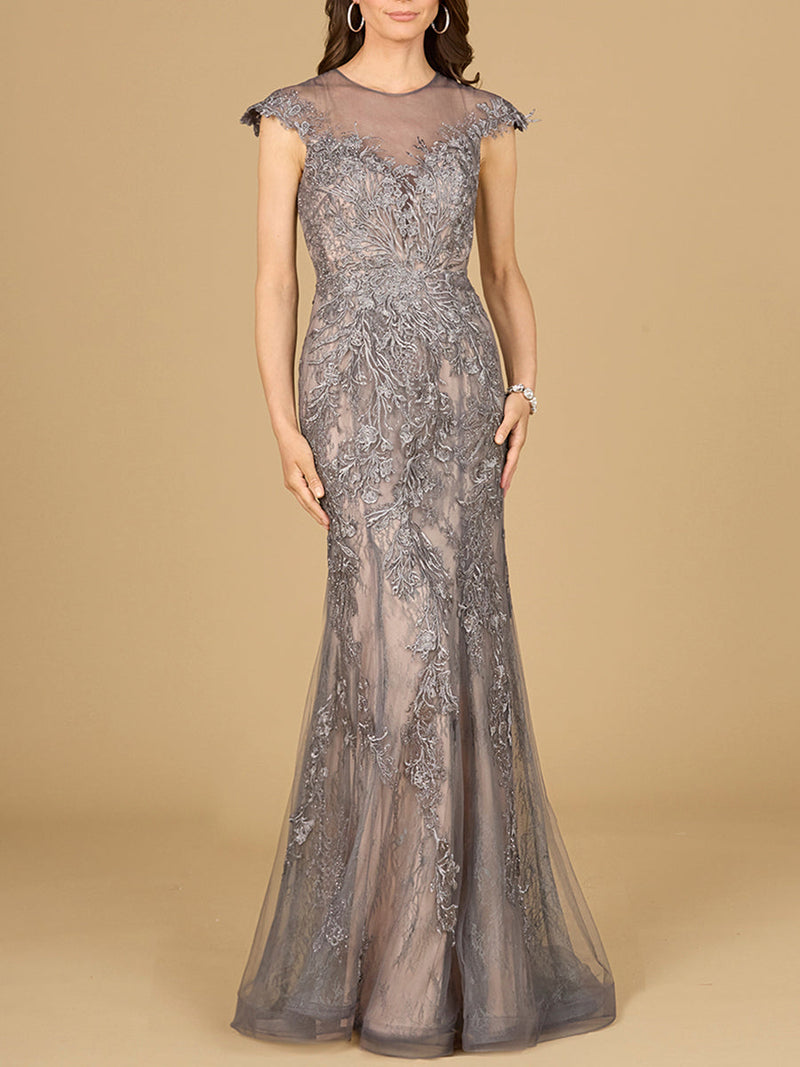 Sheath Lace Gown with Cap Sleeves