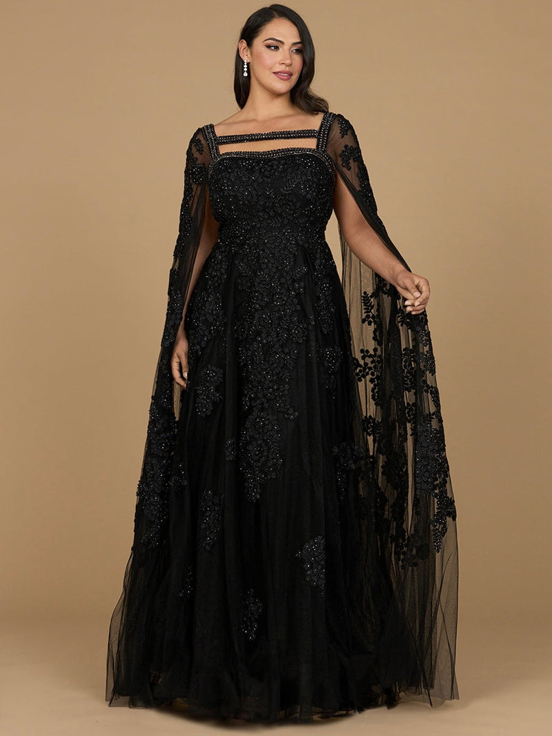 Lace Embroidered Gown with Long Cape Sleeves