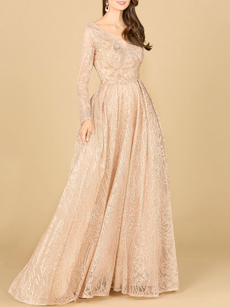 Long Sleeve, A-line Gown with a V-Neckline