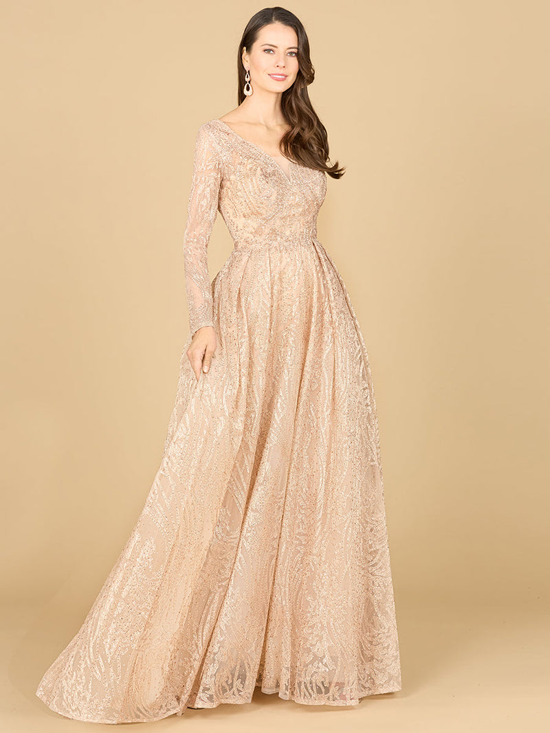 Long Sleeve, A-line Gown with a V-Neckline