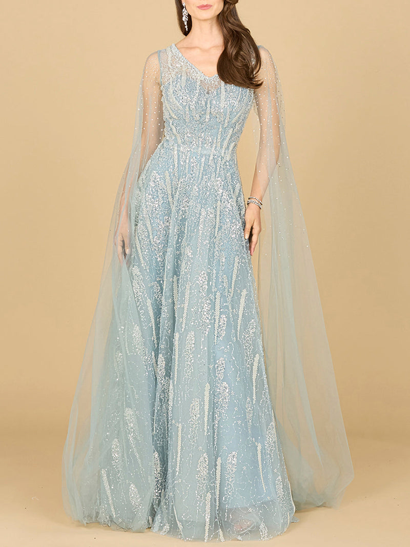 Lace Gown with Cape Sleeves and V-neckline