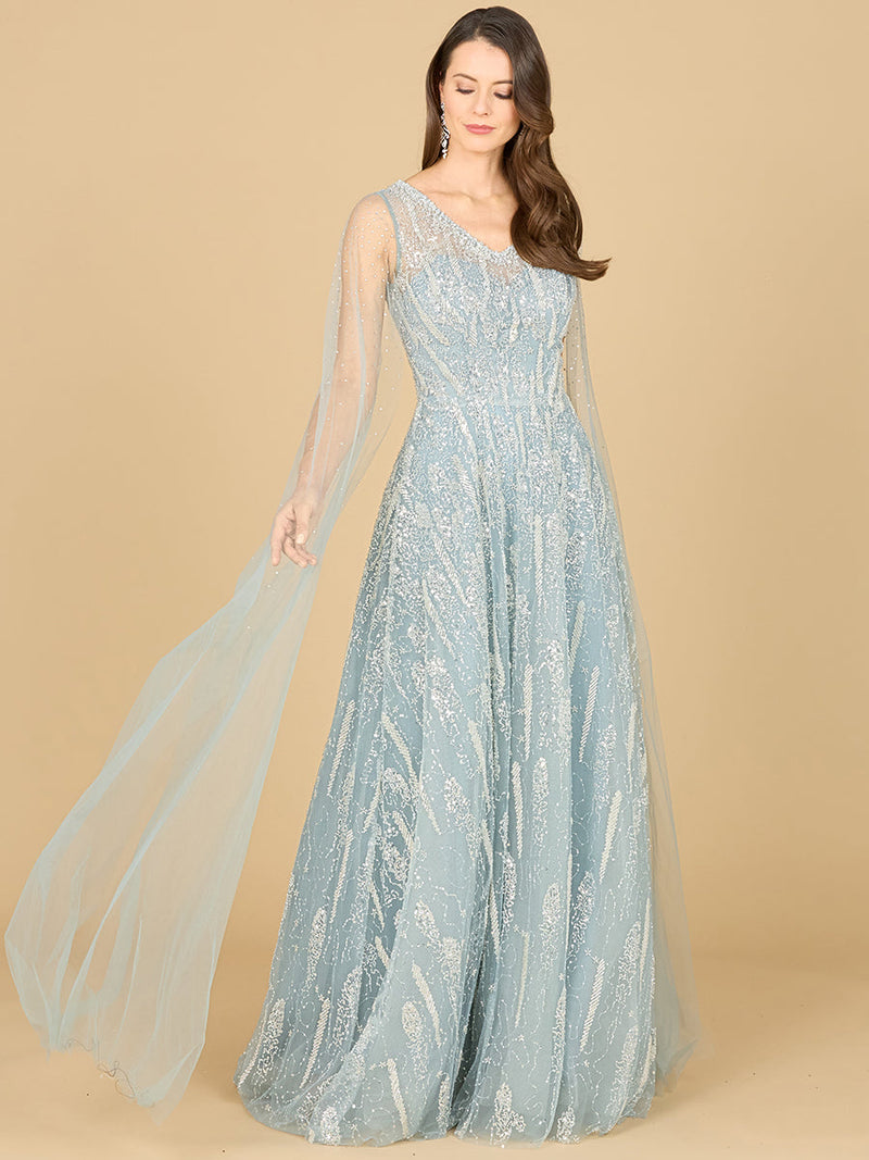 Lace Gown with Cape Sleeves and V-neckline