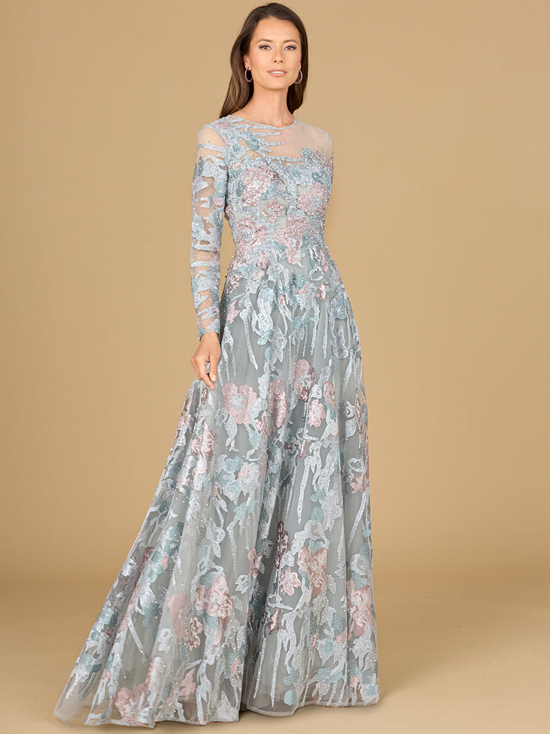 Illusion Neck, Long Sleeve Ballgown