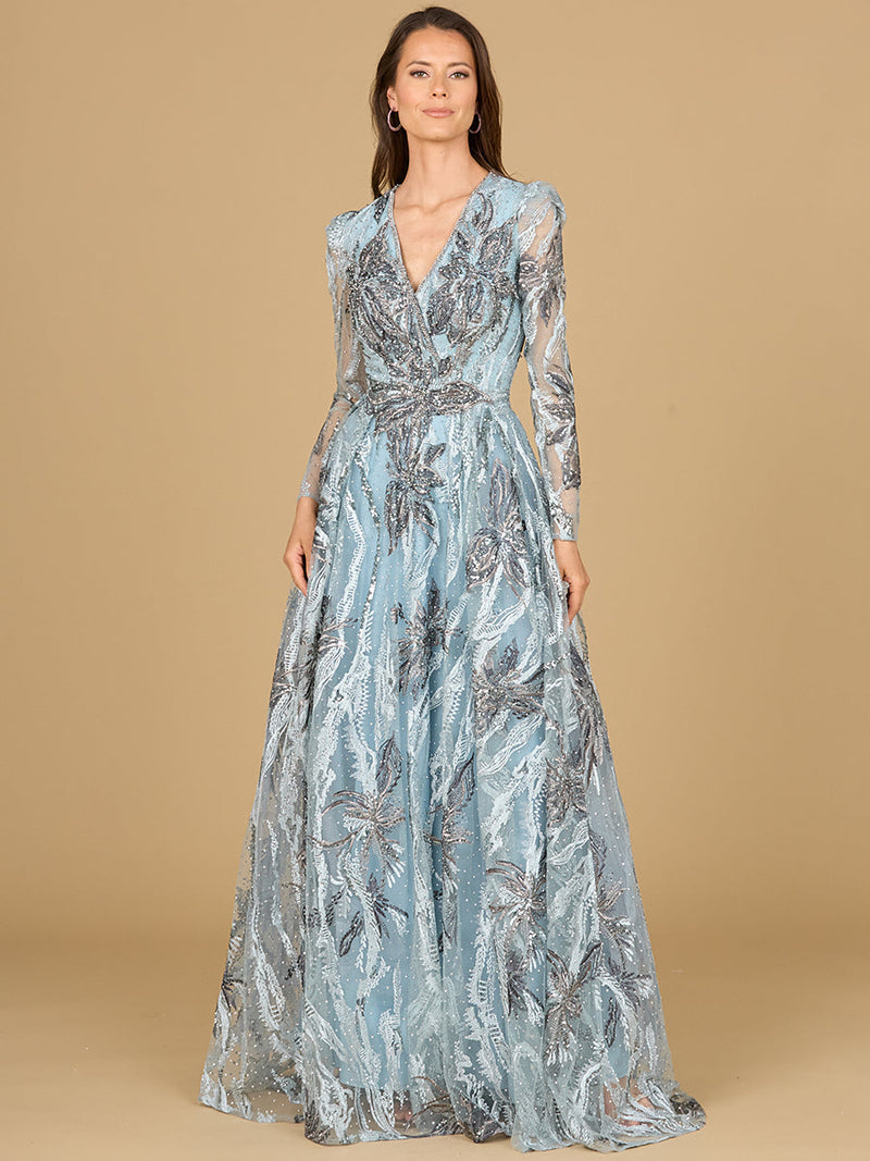 Long Sleeve V-Neck A-Line Gown