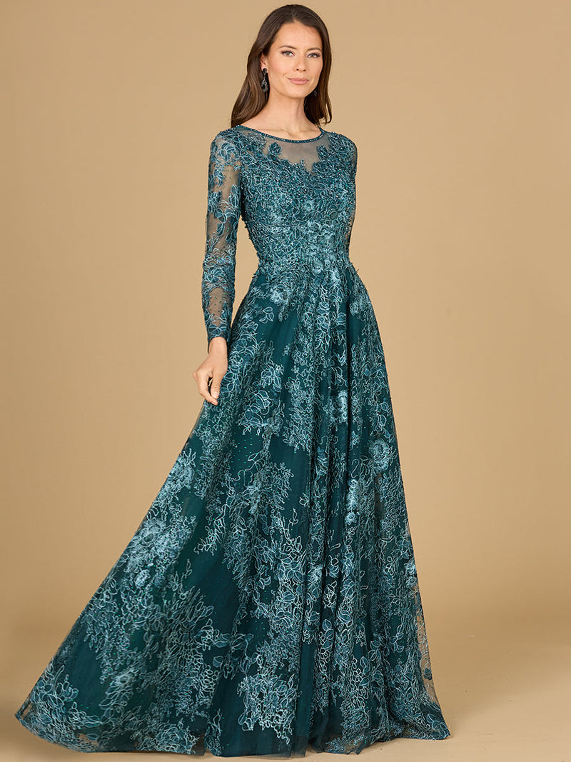 Long Sleeve, Illusion Neck Gown