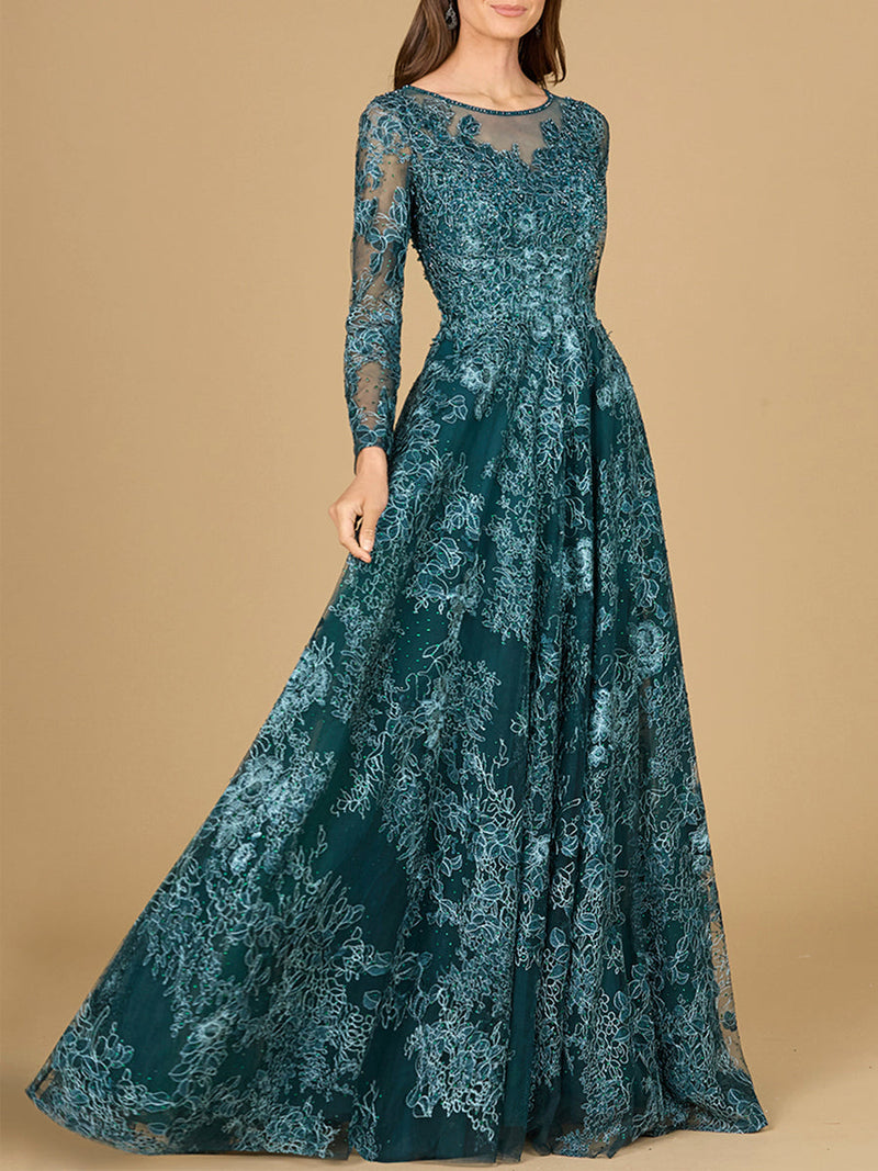 Long Sleeve, Illusion Neck Gown