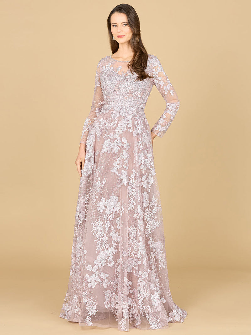 Long Sleeve, Illusion Neck Gown