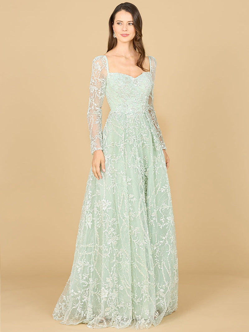 Long Sleeve Beaded Lace Gown