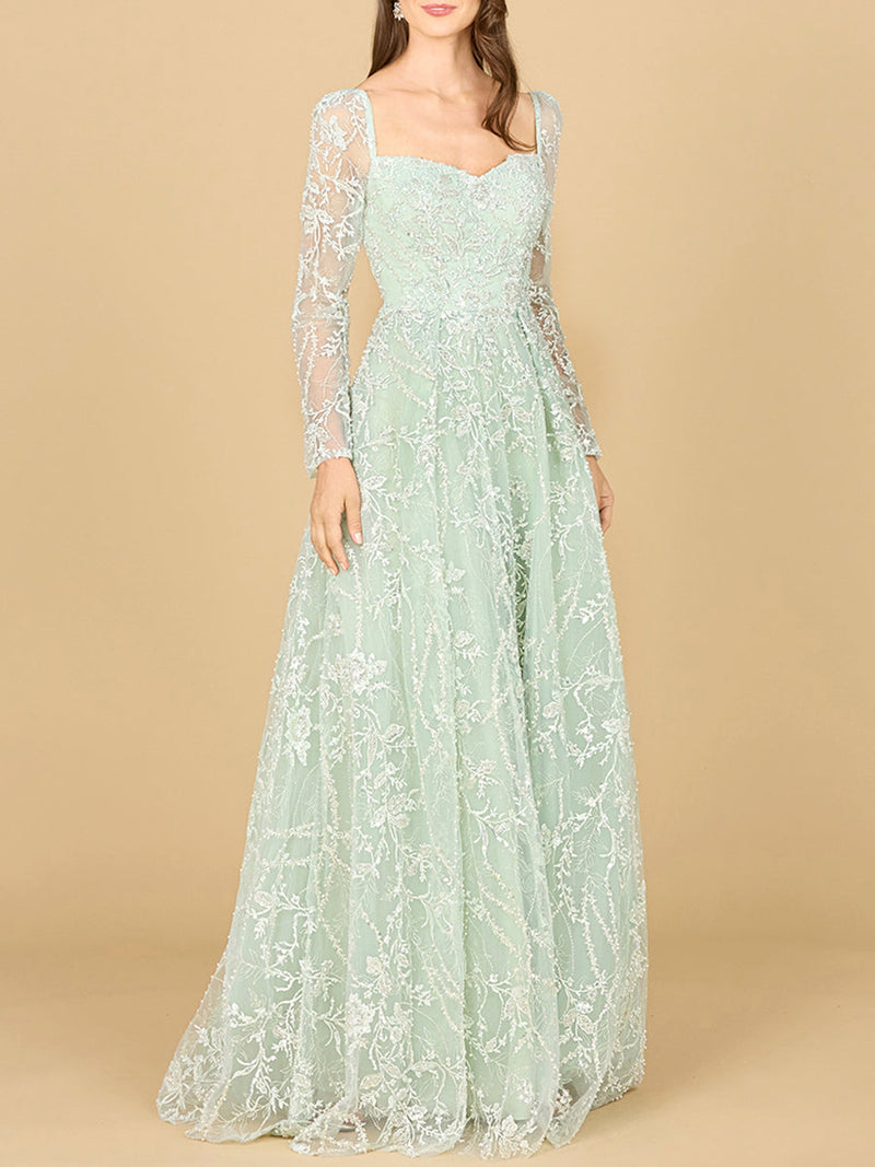 Long Sleeve Beaded Lace Gown