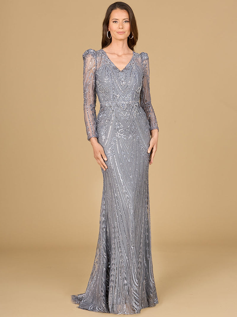 Long Sleeve Sheath Gown with Juliet Sleeves