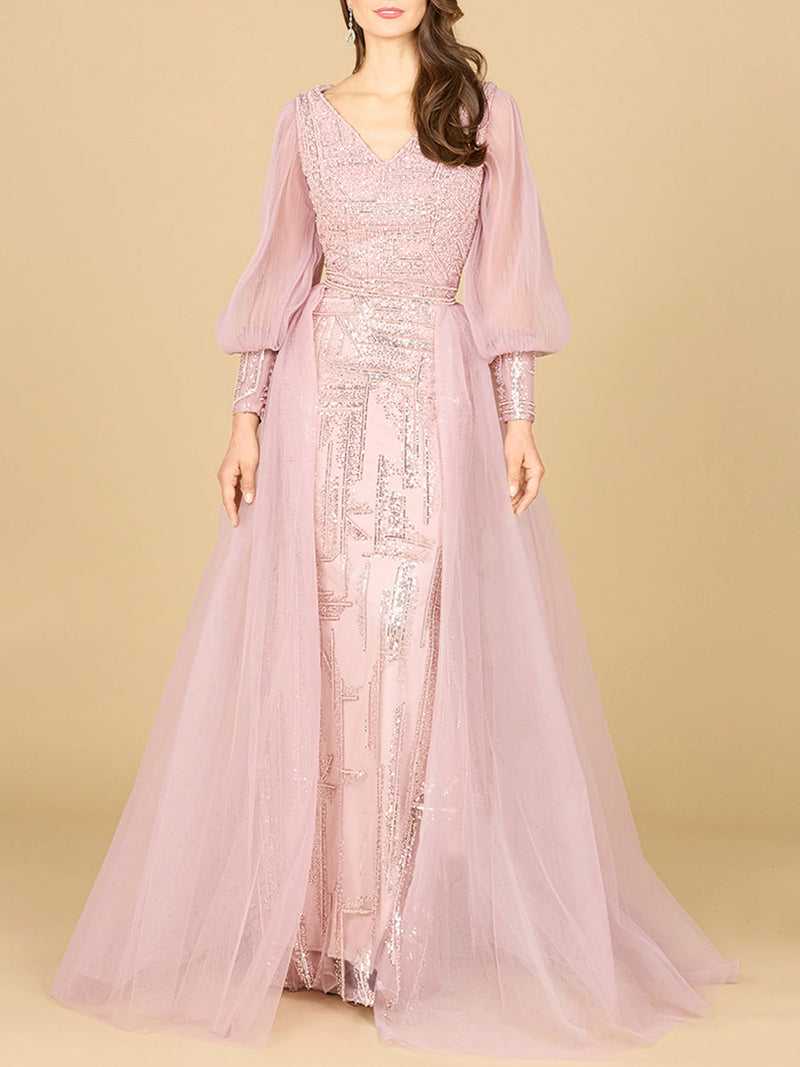 Long Sleeve Lace Gown with Removable Over Skirt