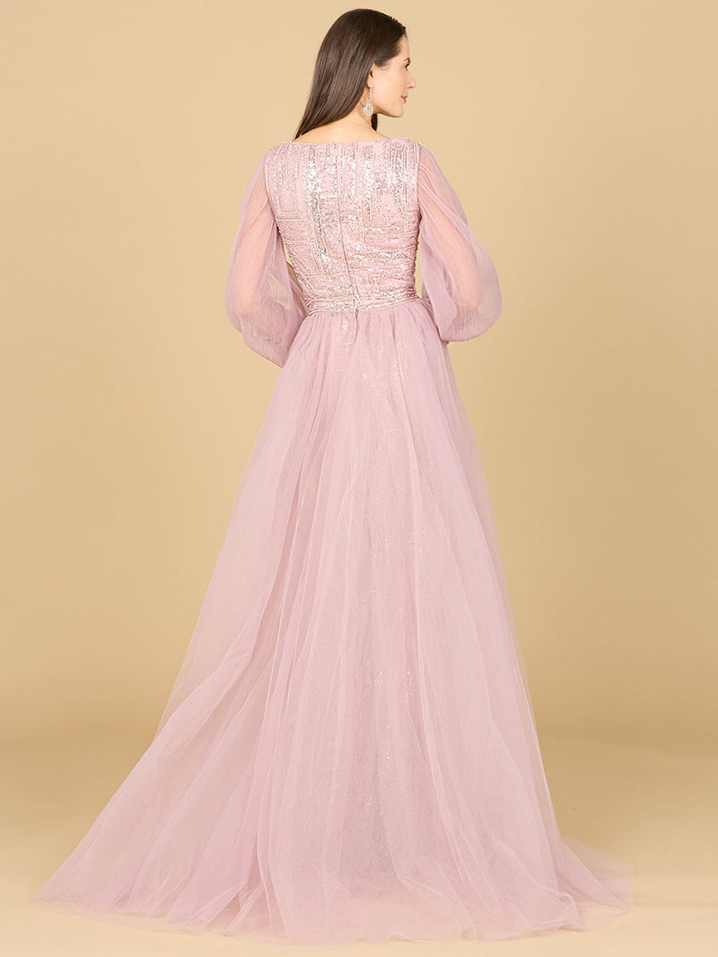 Long Sleeve Lace Gown with Removable Over Skirt
