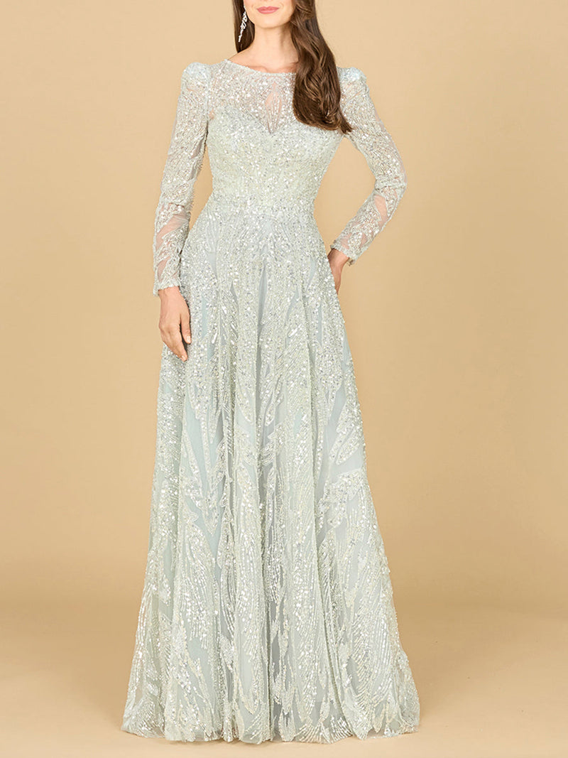 Long Sleeve Beaded Lace Gown