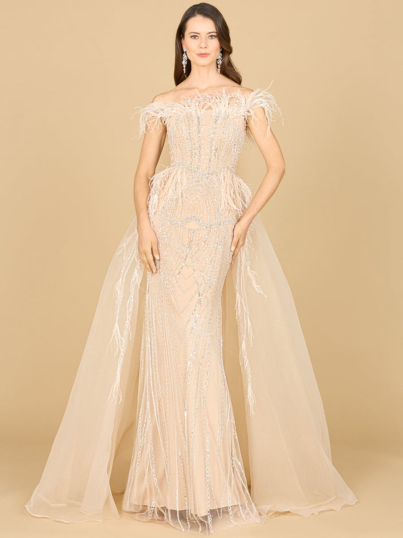 Off Shoulder Gown with Feathers