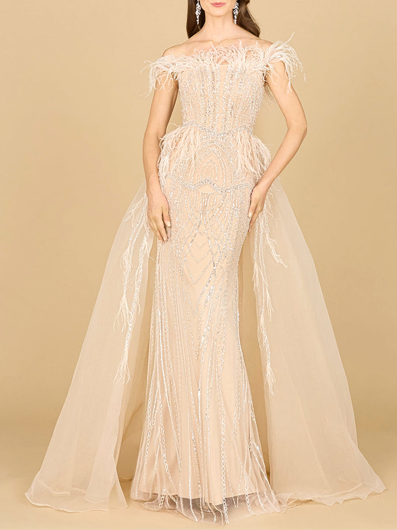 Off Shoulder Gown with Feathers