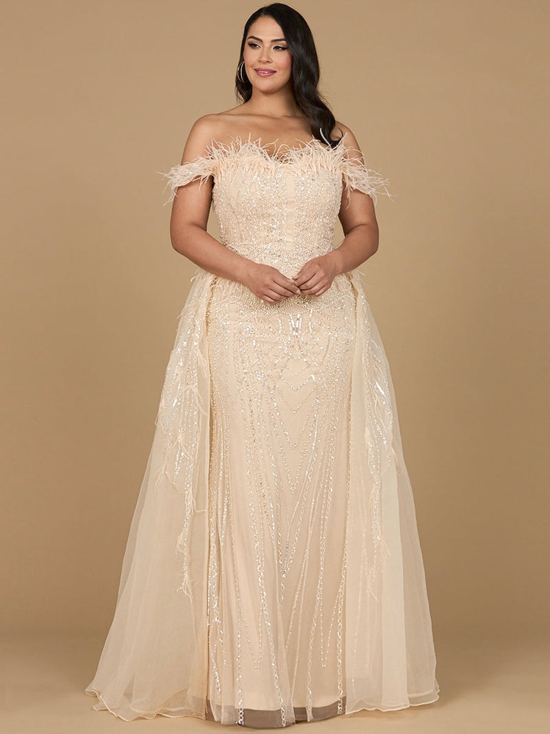 Off Shoulder Gown with Feathers