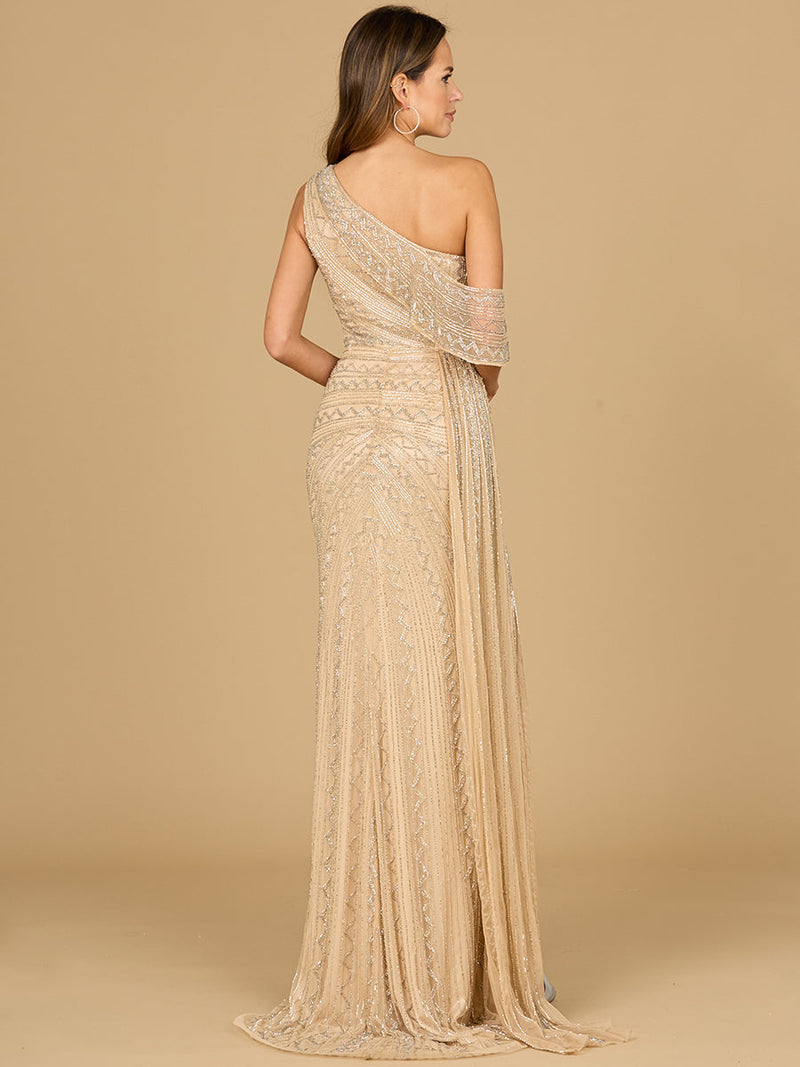 Beaded One Shoulder Dress with Train