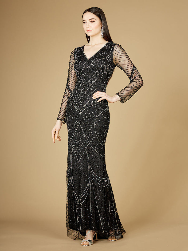 Long Sleeve Beaded Dresses with Sheer Sleeves