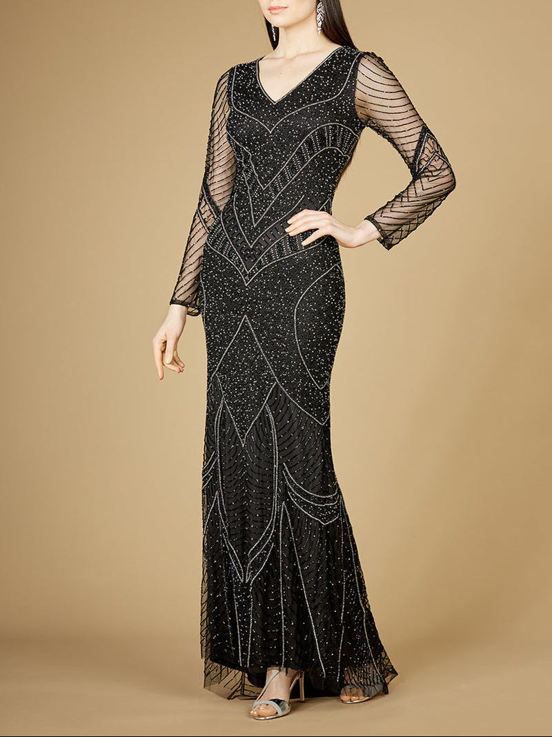 Long Sleeve Beaded Dresses with Sheer Sleeves - OUTLET
