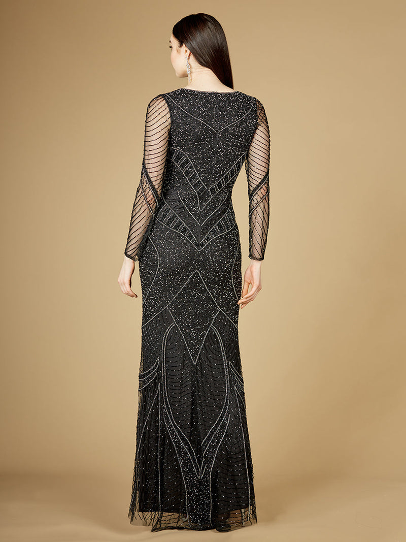 Long Sleeve Beaded Dresses with Sheer Sleeves