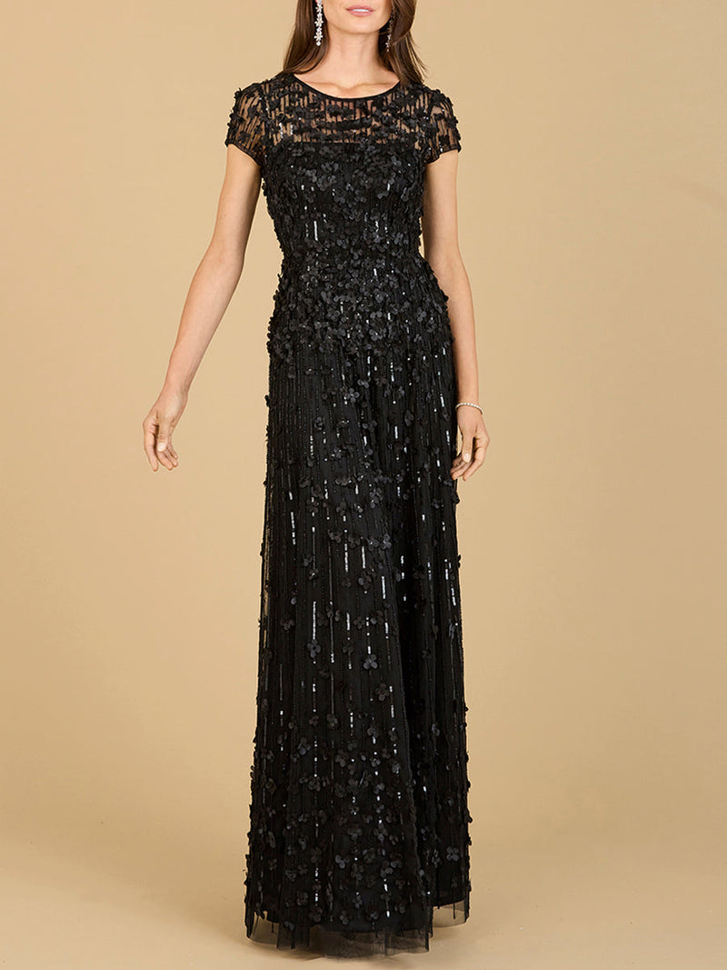 3D Floral Embellished Cap Sleeve Gown