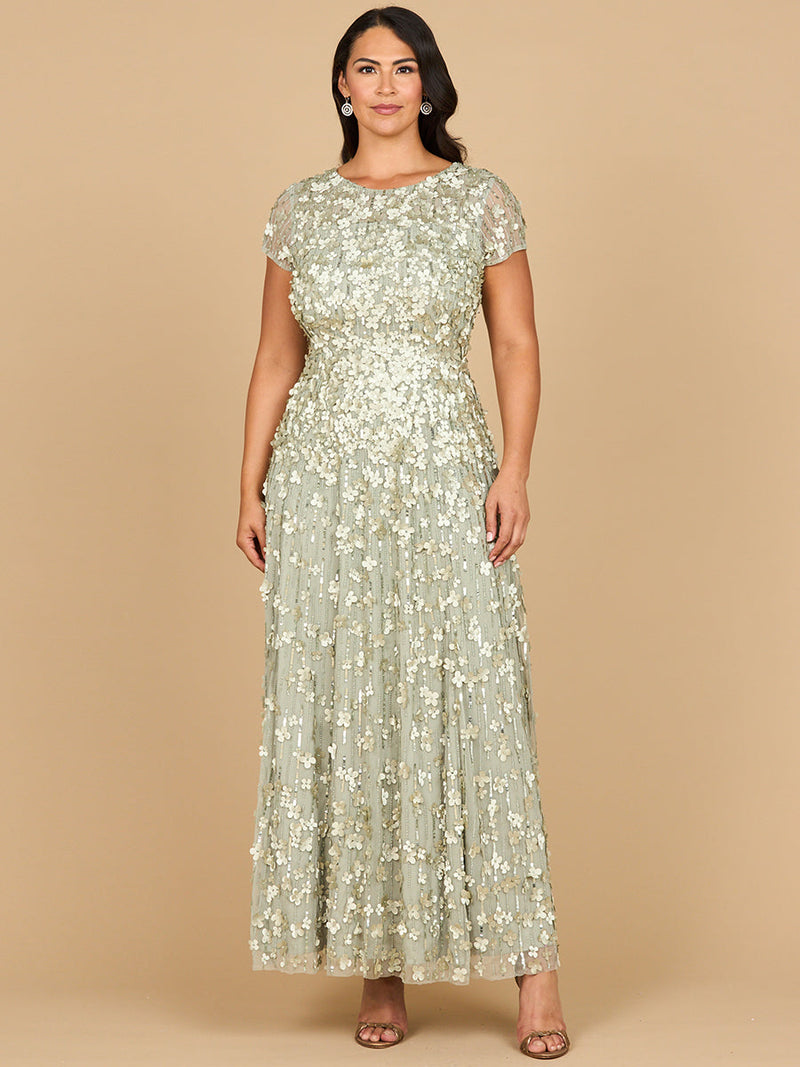 3D Floral Embellished Cap Sleeve Gown