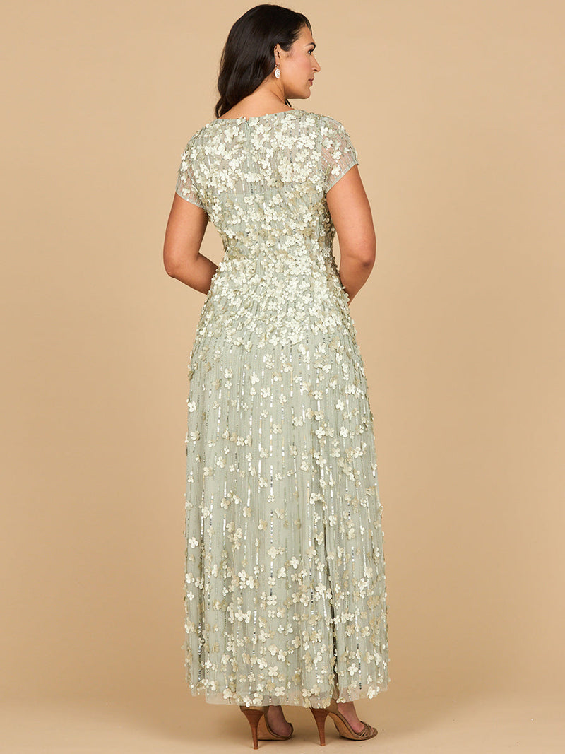 3D Floral Embellished Cap Sleeve Gown