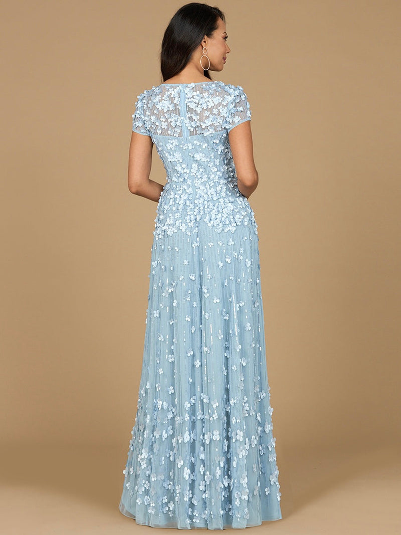 3D Floral Embellished Cap Sleeve Gown