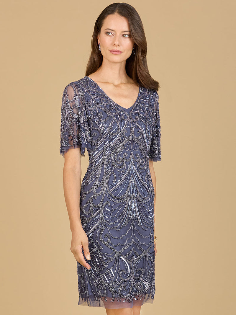 Beaded Cocktail Dress with Short Sleeves  - OUTLET