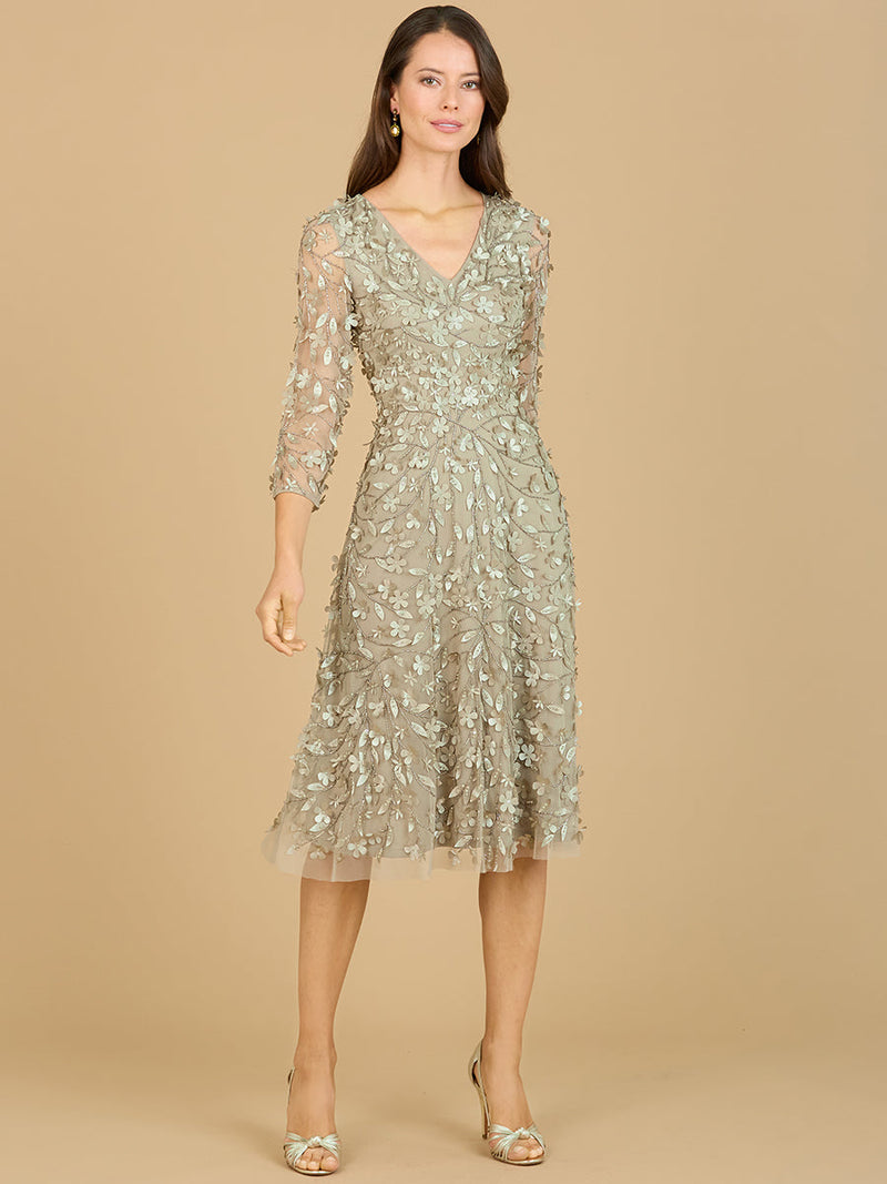 Flowing, 3D Embroidered Midi Dress with Sleeves