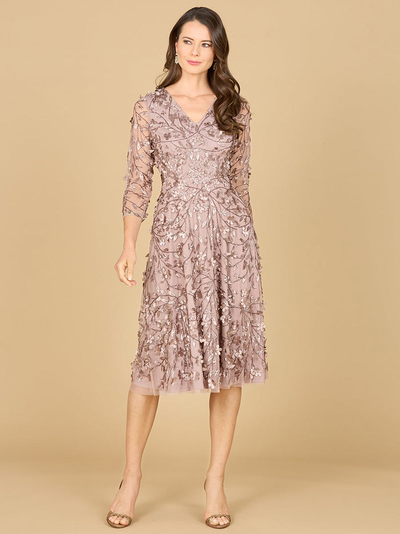 Flowing, 3D Embroidered Midi Dress with Sleeves