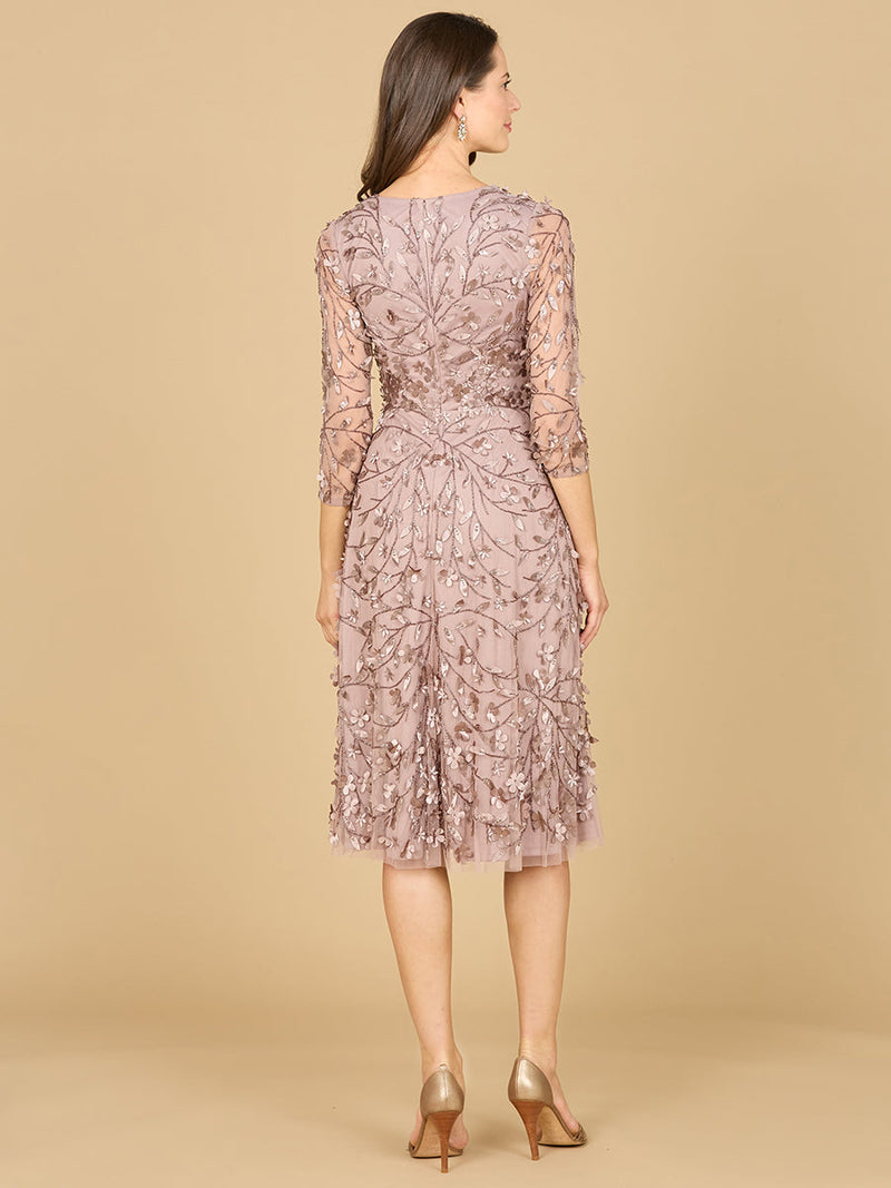 Flowing, 3D Embroidered Midi Dress with Sleeves