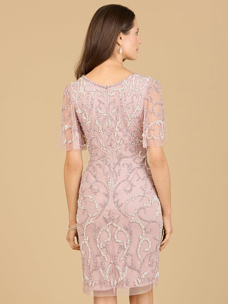 Beaded Short Dress with Cape Sleeves  - OUTLET