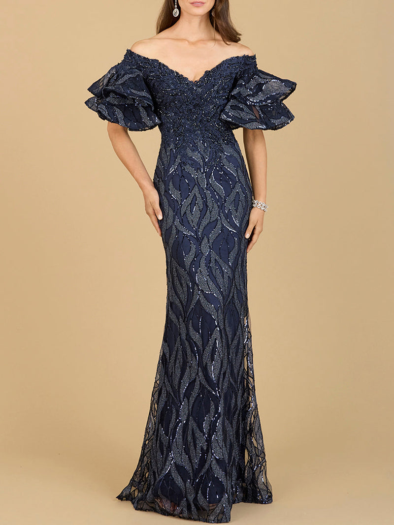 Off Shoulder Mermaid Beaded Gown with Tiered Sleeves