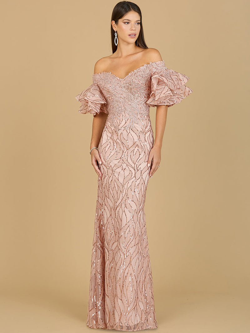 Off Shoulder Mermaid Beaded Gown with Tiered Sleeves