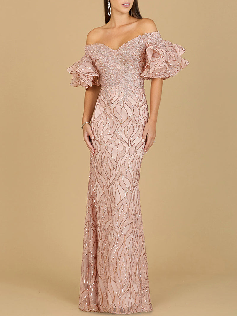 Off Shoulder Mermaid Beaded Gown with Tiered Sleeves