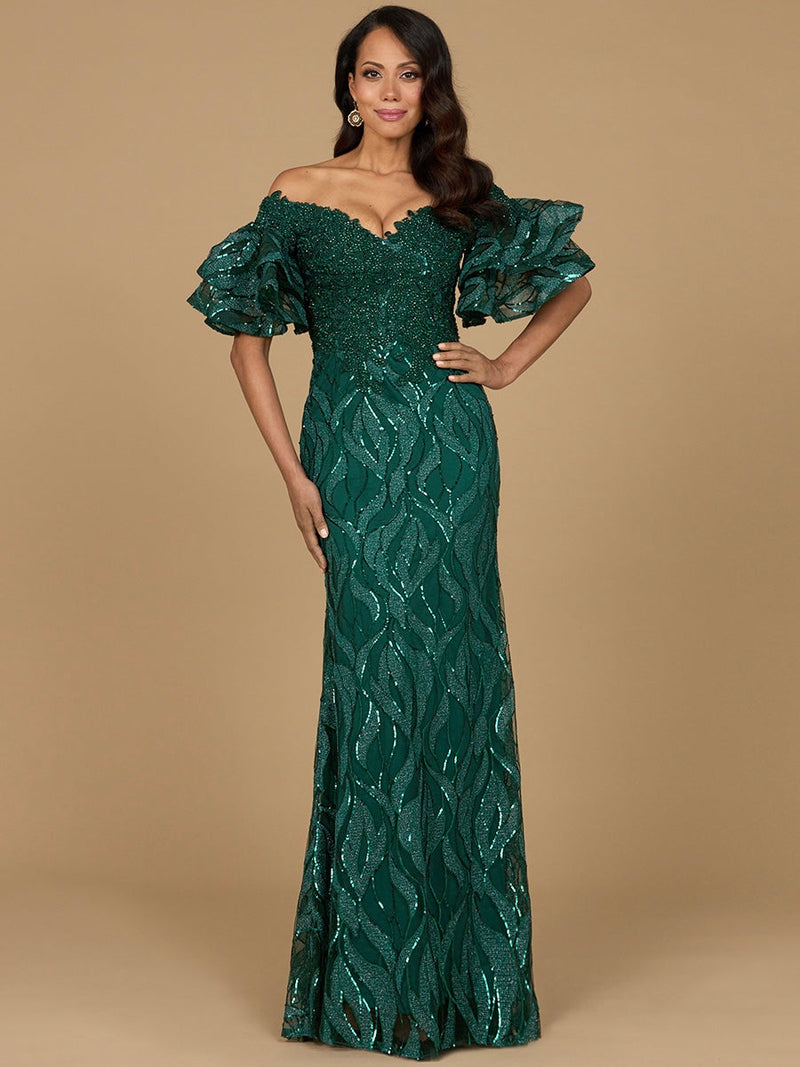 Off Shoulder Mermaid Beaded Gown with Tiered Sleeves
