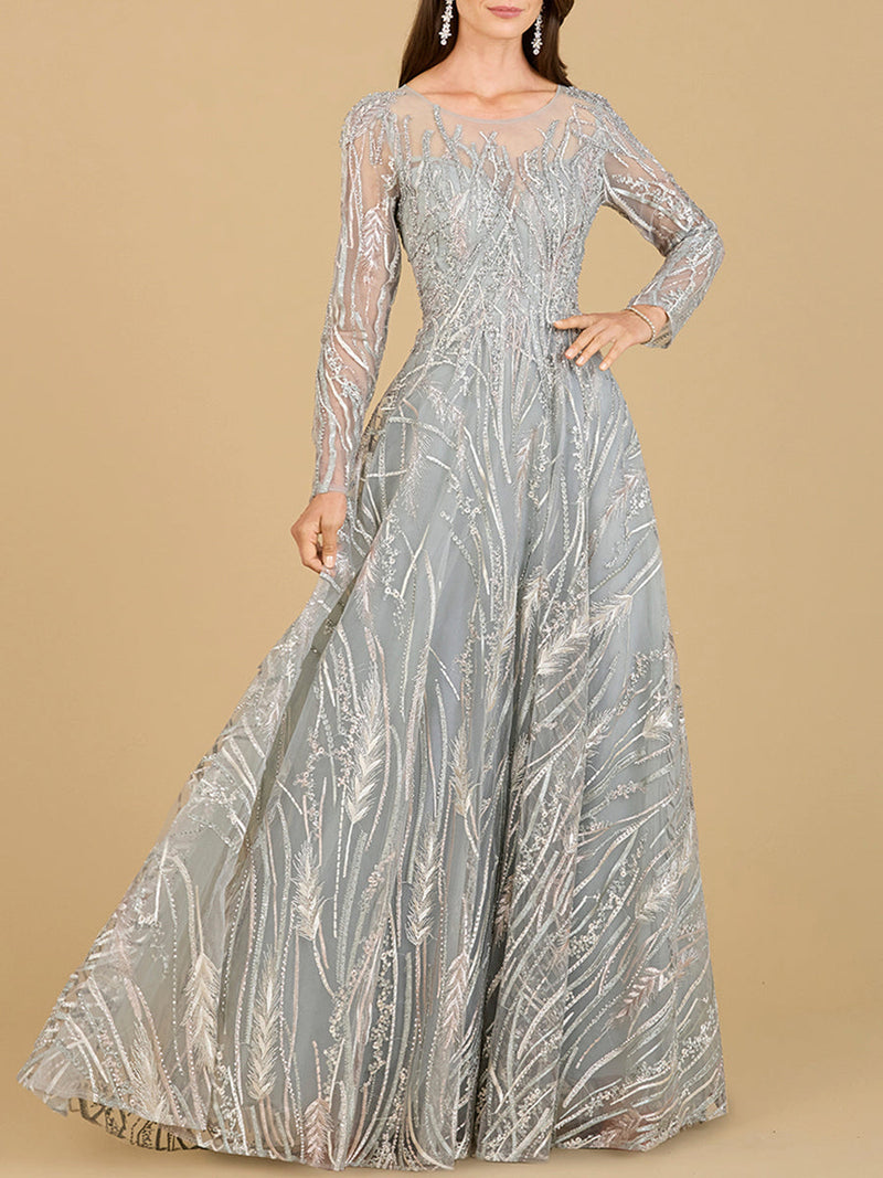 Long Sleeve Illusion Neck Gown