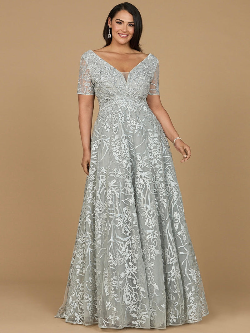 Short Sleeve Lace A-Line Dress with V-Neckline