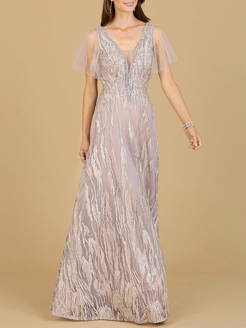 Cape Sleeve V-Neck Gown  - OUTLET