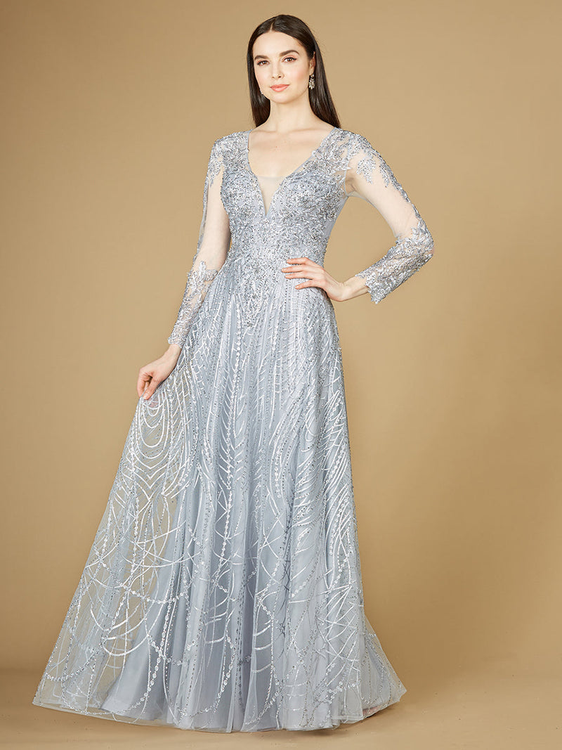 Long Sheer Sleeve V-Neckline Sheath Gown