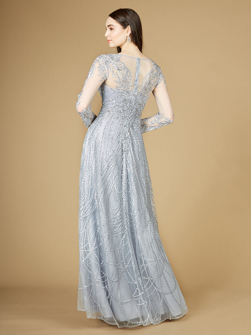 Long Sheer Sleeve V-Neckline Sheath Gown