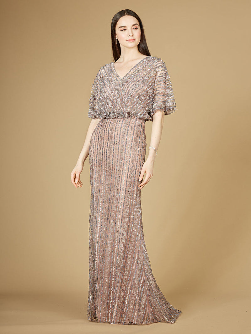 Cape Sleeve V-Neck Gown with Geometric Beading